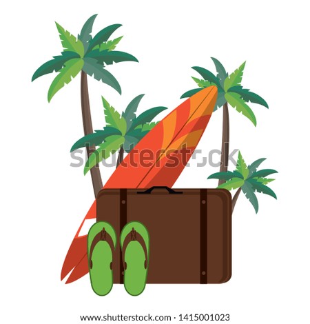 Summer and beach vacations suitcase surf table and flip flops cartoons vector illustration graphic design