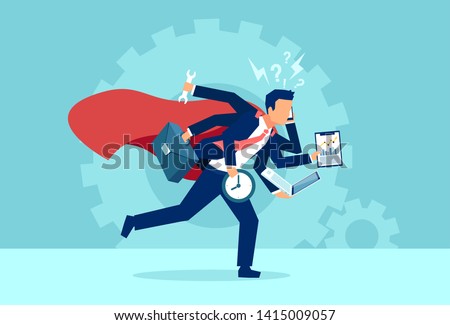 Vector of a business man super hero running in a hurry multitasking. Concept of very busy corporate employee lifestyle  Royalty-Free Stock Photo #1415009057
