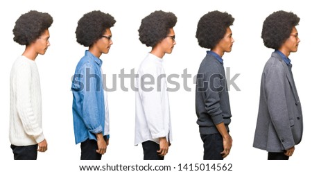 Collage of young man with afro hair over white isolated background looking to side, relax profile pose with natural face with confident smile.