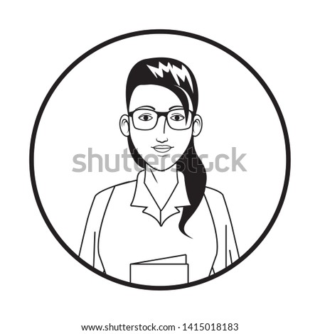 businesswoman wearing glasses and holding a book avatar cartoon character profile picture portrait round icon black and white vector illustration graphic design