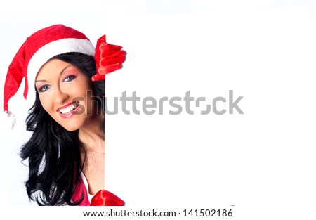 Female Santa holding a banner