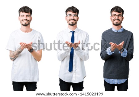 Collage of young man over isolated background Smiling with hands palms together receiving or giving gesture. Hold and protection