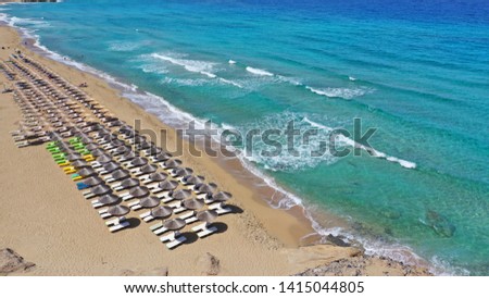 Aerial drone top view photo of famous paradise sandy deep turquoise beach of Falasarna in North West Crete island, Greece Royalty-Free Stock Photo #1415044805
