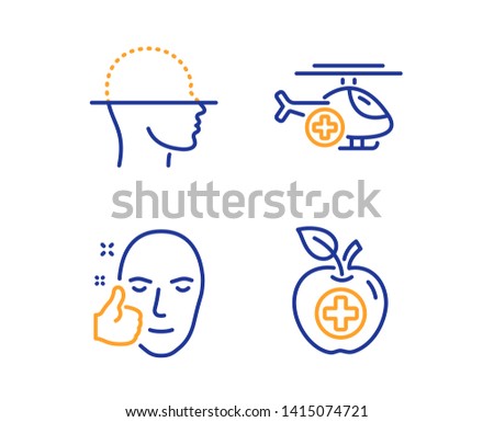 Face scanning, Medical helicopter and Healthy face icons simple set. Medical food sign. Faces detection, Sky transport, Healthy cosmetics. Apple. Healthcare set. Linear face scanning icon. Vector
