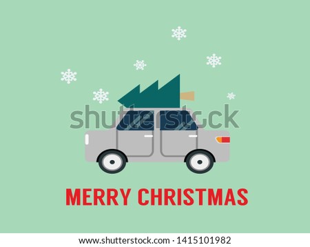christmas tree and grey car on green background vector illustration.