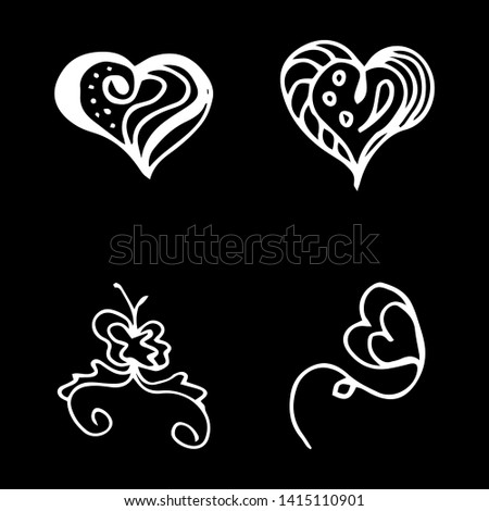 Flowers and hearts hand drawn doodle collection isolated on black background. 4 floral graphic elements. Big vector set. Outline collection.