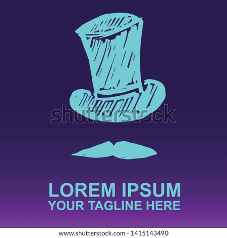 Vector Logo of Neon Blue Man Hat and Mustache For Father's Day on Gradient Color Background Violet and Pink. Illustration for Print.