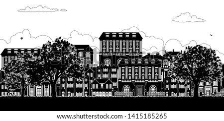 A street with a row of houses in Victorian, Georgian and Edwardian styles in silhouette with a park and trees in the foreground
