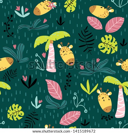Vector nursery seamless pattern with cute giraffes in the jungle. Colorful illustration in simple cartoon style. Ideal for printing on fabric, textile, wrapping paper, wallpaper.
