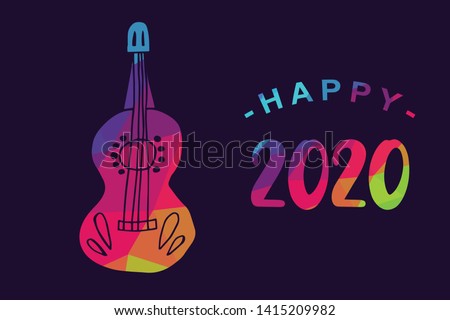 Vector Illustration of Happy New Year 2020 with Guitar Instrument Icon. Graphic Design for Shirt, Background, Template, Layout, Website, Mobile App and More.
