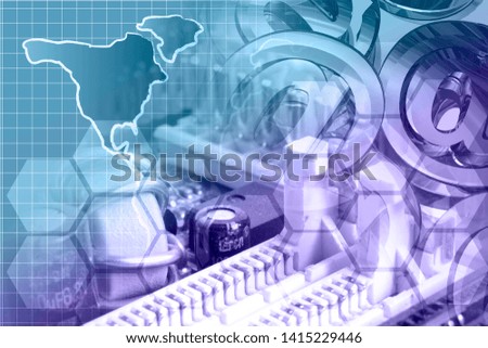 Abstract computer background with device, mail signs and map.