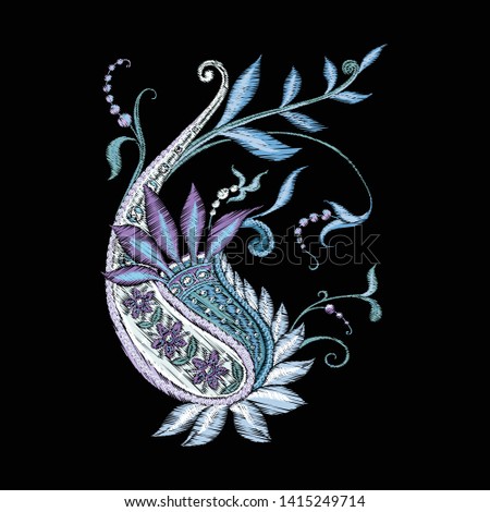 Embroidery imitation of traditional paisley elements.  Colored vector illustration.
