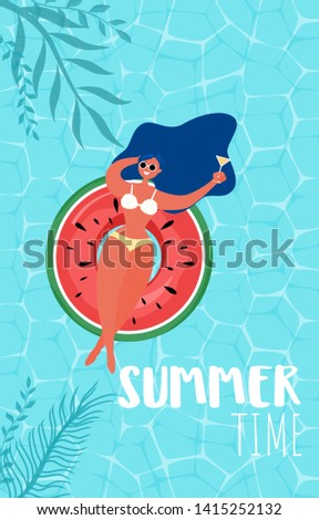 Top view of summer pool party. Summer time hot sale advertising design with girl on rubber ring in swimming pool. Vector Illustration.