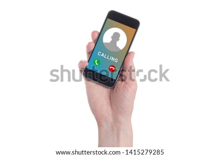 Hand with smartphone and unknown incoming phone call on it. Hand holding a smart phone and the phone ringing tube

