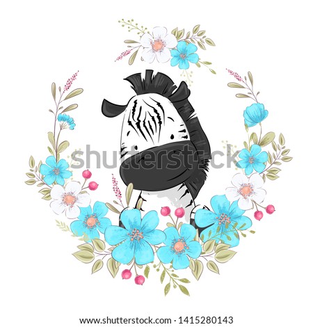 Postcard poster cute little zebra in a wreath of flowers. Hand drawing. Vector