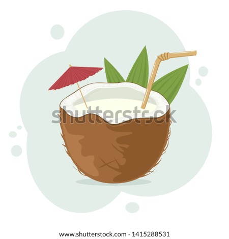 Fresh summer coconut cocktail. Exotic beverage with red umbrella and drinking straw, illustration.