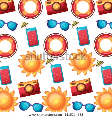 summer time holiday camera lifebuoy sunglasses cocktail sun background vector illustration