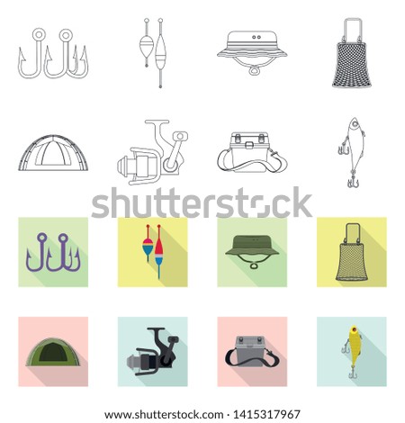 Vector illustration of fish and fishing sign. Set of fish and equipment stock vector illustration.