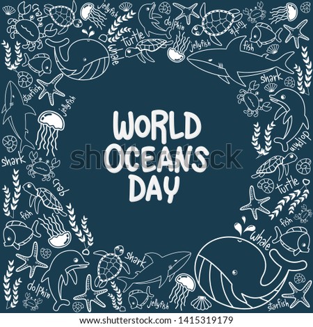 World Oceans Day. outline vector of marine life in the ocean with doodle style for celebration dedicated to help protect, and conserve world oceans, water, ecosystem