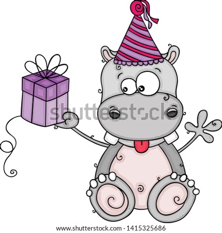 Cute birthday hippo holding a little gift
