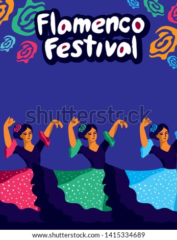 The poster of the flamenco festival with three dancers in a dress in peas on a blue background is hand-painted  for poster, invitation or banner for the site. Vector illustration