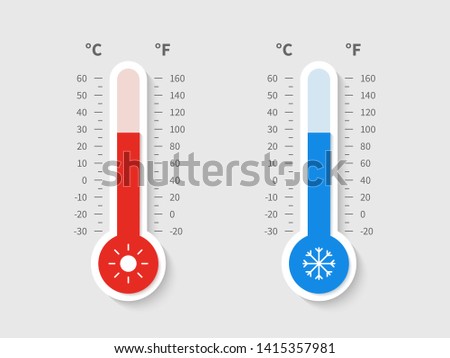 Cold warm thermometer. Temperature weather thermometers meteorology celsius fahrenheit scale, temp control thermostat device flat vector icon Royalty-Free Stock Photo #1415357981