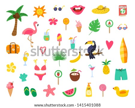 Summer set with hand drawn elements. Summer beach party design with doodle flamingo, flowers, tropical fruit, sweets. Color collection for cards, posters, invitation, stickers. Vector illustration.
