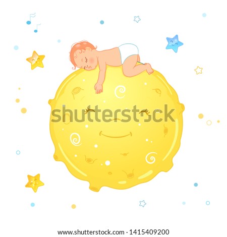 Vector illustration of a baby sleeping on the moon. Realistic cartoon baby in diaper. Illustration for diaper package or ad.