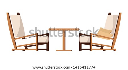 Vector cartoon style flat design porch zone furniture illustration. Clip art image: cozy garden yard, living room furniture  - two armchairs with cushions, coffee table isolated on white background. 