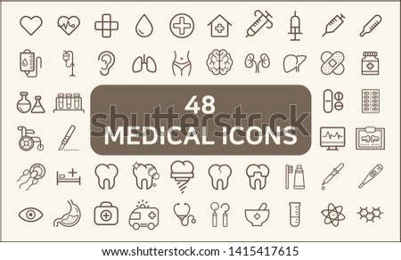 Set of 48 medical and hospital Icons line style. 
Contains such Icons as injection, medicine, pill, cure, tablet, intravenous drip, ear, hospitalization And Other Elements. 