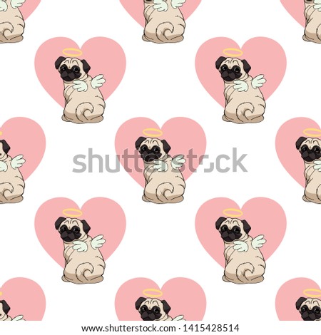 Seamless pattern with a cute pug with angel wings and nimbus and a pink heart on white background. Vector dog illustration. Endless texture with funny cartoon dog for your design. Raster copy