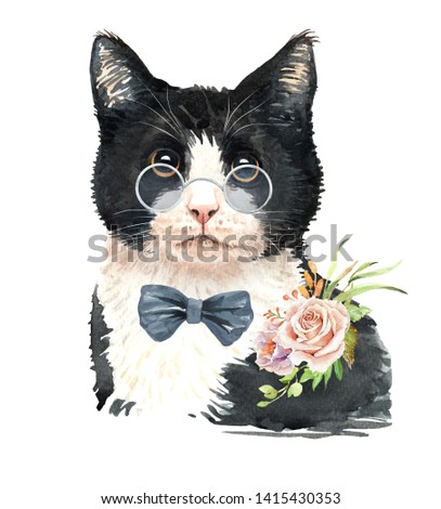 Portrait cat. Watercolor hand drawn illustration.Watercolor cat with sunglasses bow tie tuxedo and flower bouquet layer path, clipping path isolated on white background.