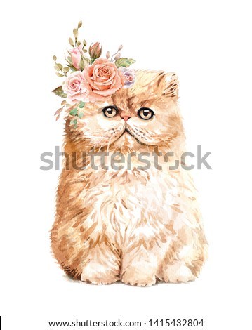 Portrait cat. Watercolor hand drawn illustration.Watercolor cat with flower crown layer path, clipping path isolated on white background.