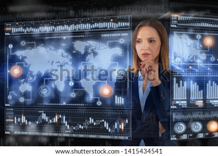Young business lady in futuristic office. Global corporate concept
