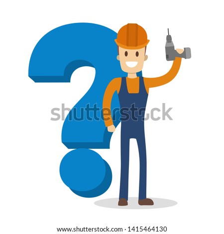 Male carpenter holding a drill and smiling. Happy wood worker in uniform standing at the big question mark.