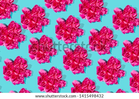 Pattern made of pink peony flower with shadow on pastel background. Minimal floral summer concept.