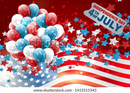 4th of July United States national Independence Day celebration glowing background with American flag, confetti, and balloons. Party concept. Vector illustration.