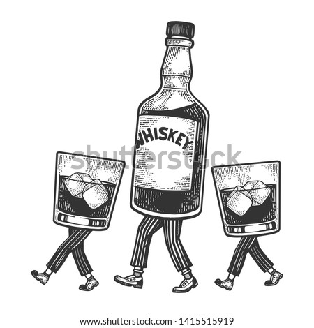 Whiskey alcohol bottle with ice and glasses walks on its feet sketch engraving raster illustration. Scratch board style imitation. Black and white hand drawn image.