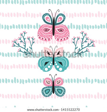 Hand drawn cute and colorful vector illustration with butterflies , leaves and flowers. Sweet baby and nursery girly print for t-shirts , stationery and product deisgn