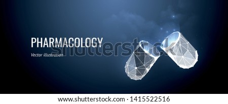 Medication or pill or capsule. Low poly wireframe style. Technology and innovation in pharmacology. Banner concept. Particles are connected in a geometric silhouette. Royalty-Free Stock Photo #1415522516