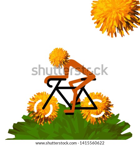 Bicycle rider with dandelion flower wheels and head isolated on white. Vector illustration