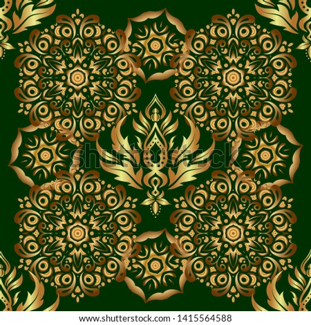 Vector stylish ornament. Damask seamless pattern with doodles. Abstract doodles on a green background. Royal wallpaper.