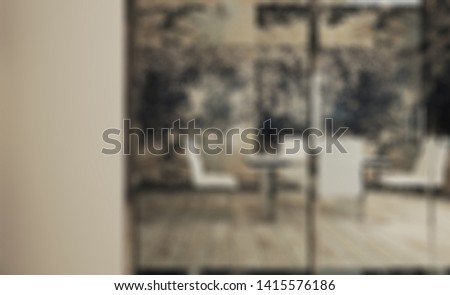 Abstract blur phototography. Front view of an office interior with a row of dark wood tables. 3D rendering.