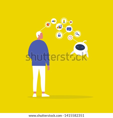 Data transfer conceptual illustration. Caucasian male character. Human and robot communication. New technologies. Flat editable vector illustration, clip art