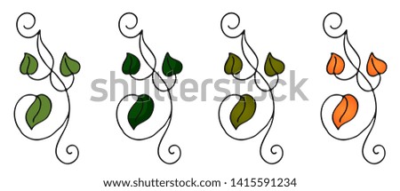 Set of four hand drawn nature pattern with leaves in doodle style in different versions (flat and gradient). Colored isolated vector illustration