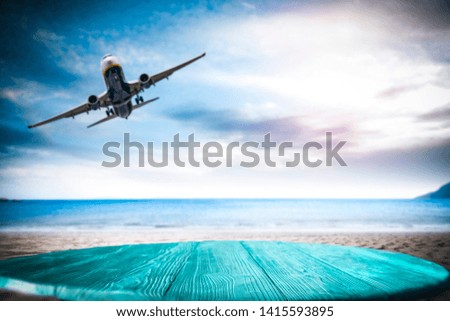 Airplane on the sky. Summer trip time and free space for your decoration. 