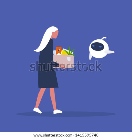 Upset employee fired by a robot. Blonde female character. Competition between human brain and artificial intelligence. Technology. Concept. Flat editable vector illustration, clip art