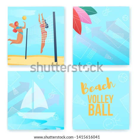 Cartoon flat characters modern sport activity,beach volleyball flyer banner poster,web online concept,healthy lifestyle summer design cards set.Flat cartoon people, girls playing volleyball