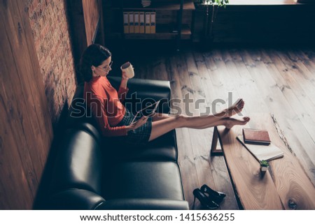Above high angle view of her she nice attractive focused professional executive director creative designer sitting on couch using device in loft brick industrial style interior work place station