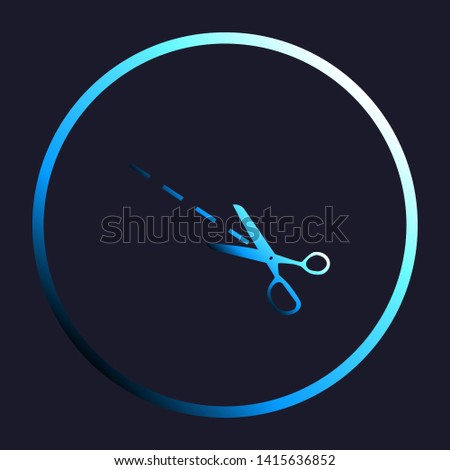 Scissors sign illustration. White, cyan and blue gradient icon as round button in white shell at dark blue background. Illustration.